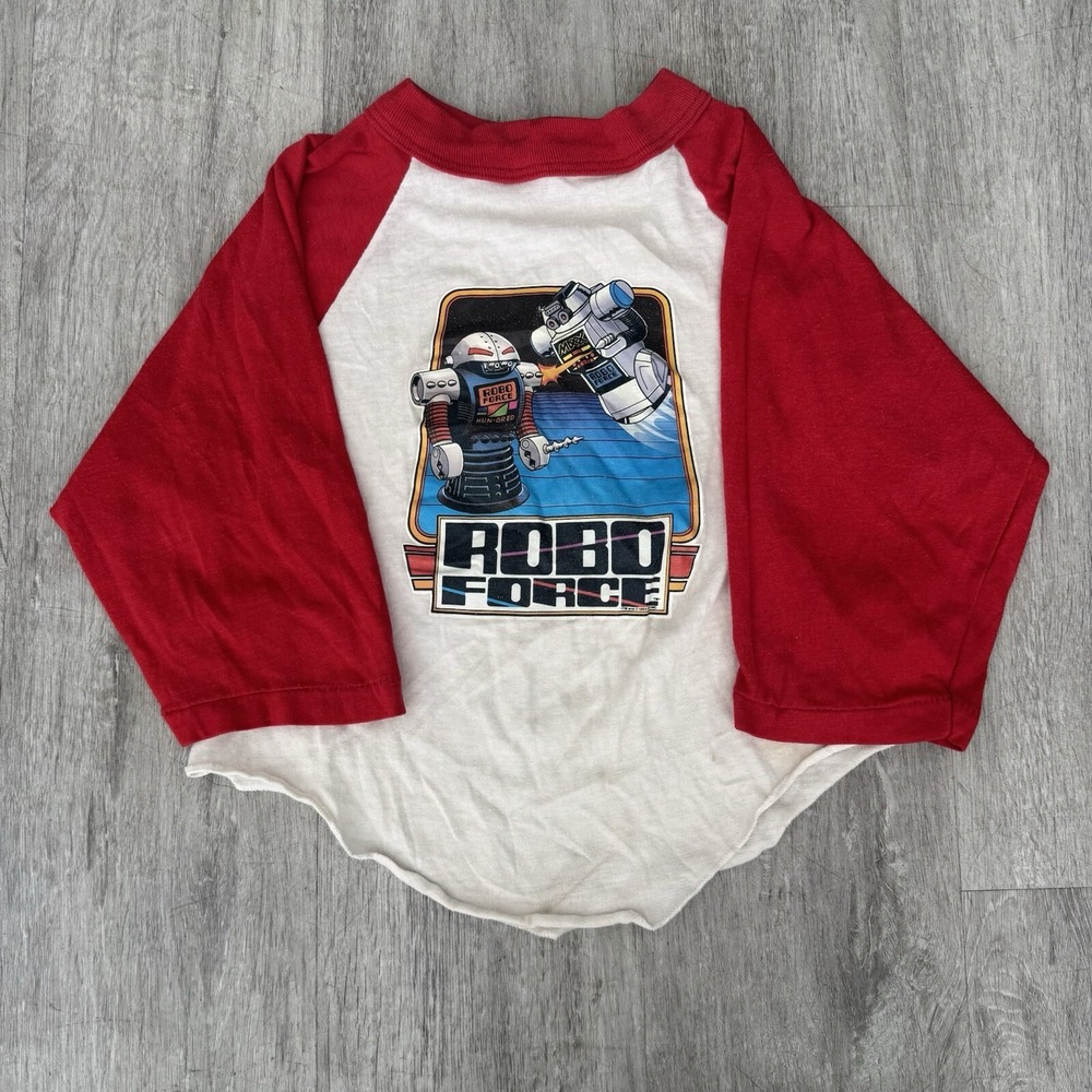 VINTAGE 1984 Robo Force 3/4 Sleeve Baseball Tee Shirt Size 7 White Red Kids
